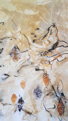 a large abstract painting of banksia trees and a mountain in earth tones of beige, cream, ohcre, brown and copper leaf.