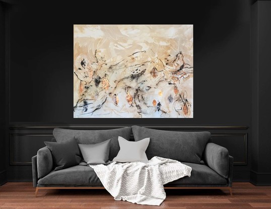 a large abstract painting of banksia trees and a mountain in earth tones of beige, cream, ohcre, brown and copper leaf.