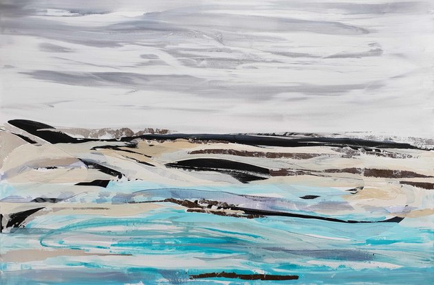 an abstract seascape of a coastline with white, a metallic seafoam, silver leaf, shades of aqua and light blue, light grey and ebony black.