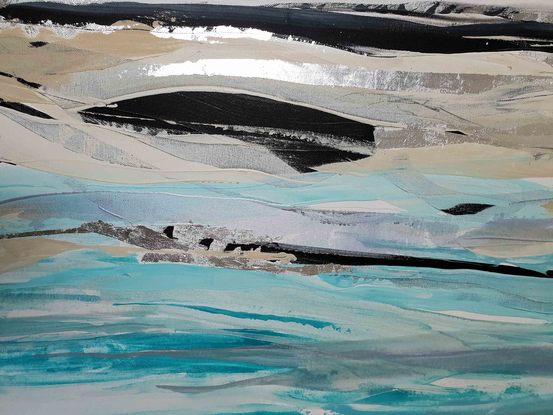 an abstract seascape of a coastline with white, a metallic seafoam, silver leaf, shades of aqua and light blue, light grey and ebony black.