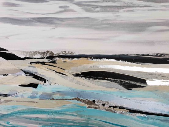 an abstract seascape of a coastline with white, a metallic seafoam, silver leaf, shades of aqua and light blue, light grey and ebony black.