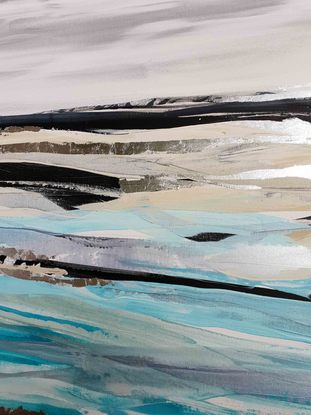 an abstract seascape of a coastline with white, a metallic seafoam, silver leaf, shades of aqua and light blue, light grey and ebony black.