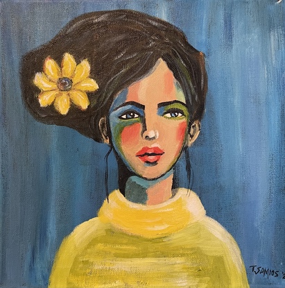 Lady with black brown hair with a yellow flower in her hair. The background is mid blue. She is wearing a pale green jumper with a pale yellow polo neck collar. 