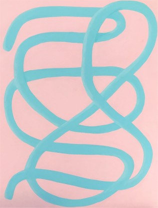 bright turquoise squiggly lines over pink background