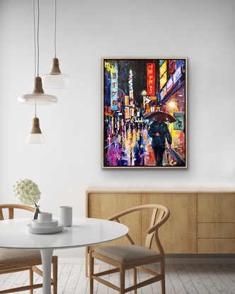 Tokyo in the rain in bold colours. 

I paint with large brushes and bold, loose brush strokes. 