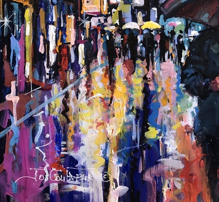 Tokyo in the rain in bold colours. 

I paint with large brushes and bold, loose brush strokes. 