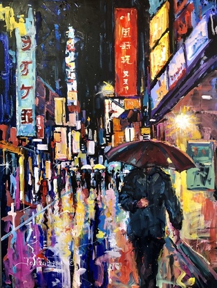 Tokyo in the rain in bold colours. 

I paint with large brushes and bold, loose brush strokes. 