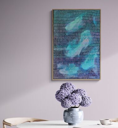 A large rectangular canvas with deep ocean blues, shades of coral and turquoise covered in brush strokes like long embroidery stitches, giving the composition an impression of movement.