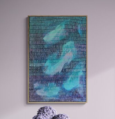 A large rectangular canvas with deep ocean blues, shades of coral and turquoise covered in brush strokes like long embroidery stitches, giving the composition an impression of movement.