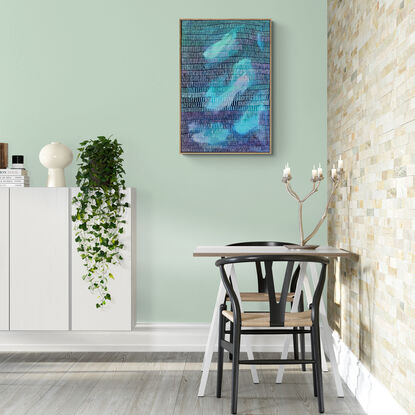 A large rectangular canvas with deep ocean blues, shades of coral and turquoise covered in brush strokes like long embroidery stitches, giving the composition an impression of movement.