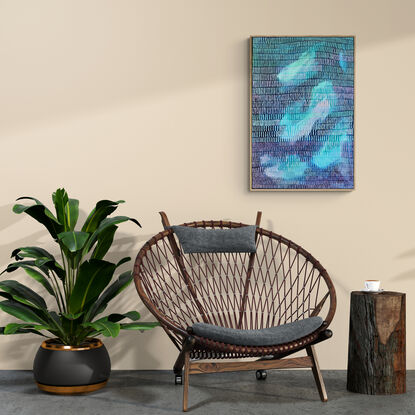 A large rectangular canvas with deep ocean blues, shades of coral and turquoise covered in brush strokes like long embroidery stitches, giving the composition an impression of movement.