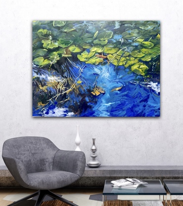 This is a large horizontal oil painting on canvas  measuring 122x91 cm   (4x3ft)  lily pads in a pond.    Along the horizontal middle line the pads are bright green,  before  receding into the background.  

Ultramarine and cerulean blue water reflect the colour of the sky and white clouds into the foreground.   In the bottom left corner there is tangled of dying stem and "drowning leaves". 

 Rather than a romantic depiction of lily pads this painting is bold and colourful,  containing all of the life cycles of the lily pads,  from flowers to dying .