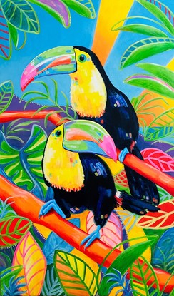 Two Toucans sitting on a branch amongst brightly coloured leaves with rays of sunshine and blue sky.