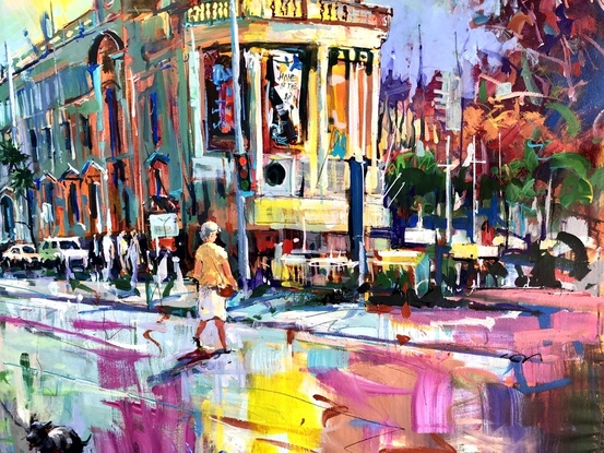 Street scene with Auckland Town Hall in vibrant colours. 