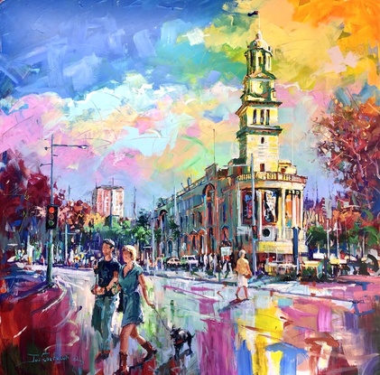 Street scene with Auckland Town Hall in vibrant colours. 