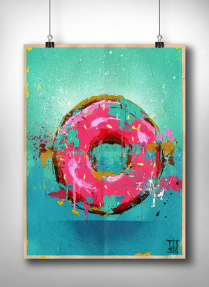 pink iced donut painted on an aqua gradient background in a street art/graffiti style