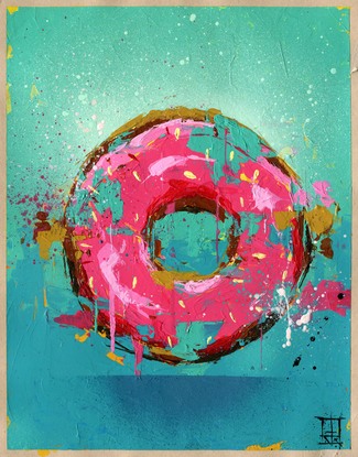 pink iced donut painted on an aqua gradient background in a street art/graffiti style