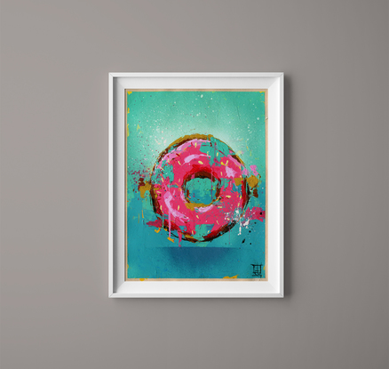 pink iced donut painted on an aqua gradient background in a street art/graffiti style