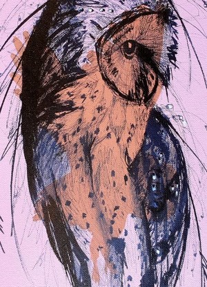 Against Owl Odds was painted in layers, the first silhouette painted in acrylic with the top layer in expressive format using glass dipping pen , overall creating a contemporary style portrait of a barn owl. 