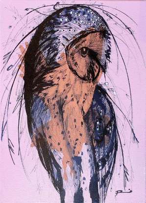 Against Owl Odds was painted in layers, the first silhouette painted in acrylic with the top layer in expressive format using glass dipping pen , overall creating a contemporary style portrait of a barn owl. 