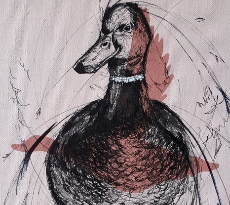 Duck and Weave was painted in layers, the first silhouette painted in acrylic with the top layer in expressive format using glass dipping pen , overall creating a contemporary style portrait of a Mallard Duck. 