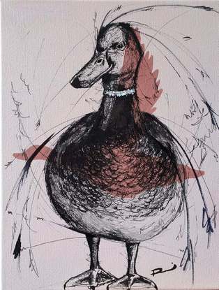 Duck and Weave was painted in layers, the first silhouette painted in acrylic with the top layer in expressive format using glass dipping pen , overall creating a contemporary style portrait of a Mallard Duck. 