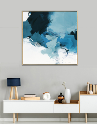 Splashes of dark Teal, light teal, blue and greys on a white background with expressive line work.