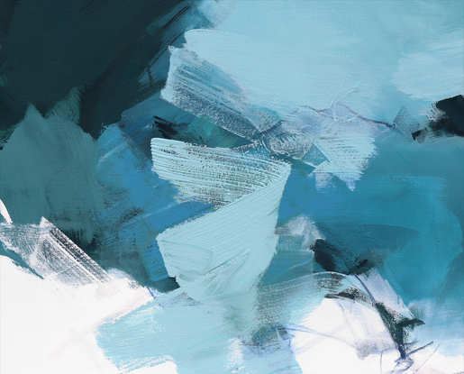 Splashes of dark Teal, light teal, blue and greys on a white background with expressive line work.