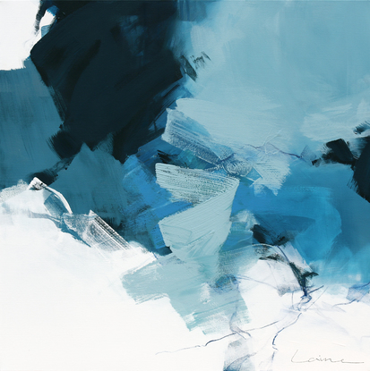 Splashes of dark Teal, light teal, blue and greys on a white background with expressive line work.