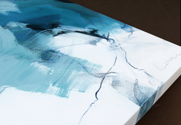 Splashes of dark Teal, light teal, blue and greys on a white background with expressive line work.