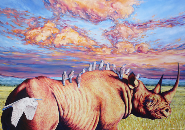 Rhino and Bird Oil Painting by Mahdhav Sarna