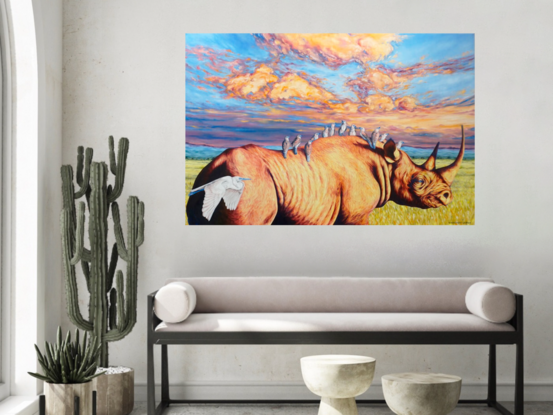 Rhino and Bird Oil Painting by Mahdhav Sarna