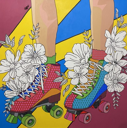 Colourful roller skates and intricate patterns with black and white flowers  