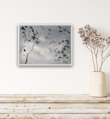 Night artwork of Gum  tree with lightening. Luminous sky with trees. 