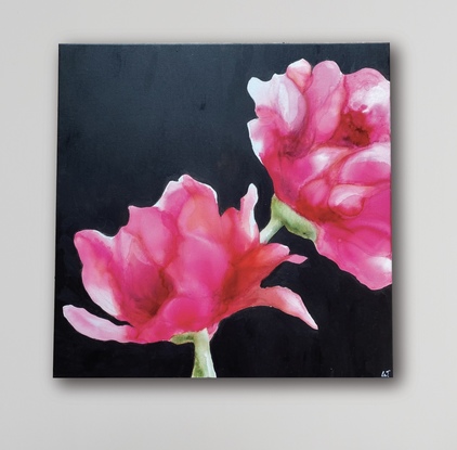 Floral painting featuring pink an red flowers 