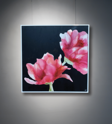 Floral painting featuring pink an red flowers 