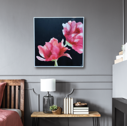 Floral painting featuring pink an red flowers 