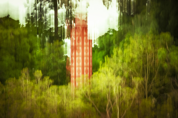 Emerging. Unfolding from the treeline this obscure historic structure emerges from the foliage. The gas stripping tower is a fascinating piece of older Brisbane. Layers of texture via movement, creating an intriguing and painterly feel to this vibrant piece. From the body of work - ‘Ordinary Interesting - Kinetic City’, by emerging artist Ann Parrott with a Limited Edition of 21. 