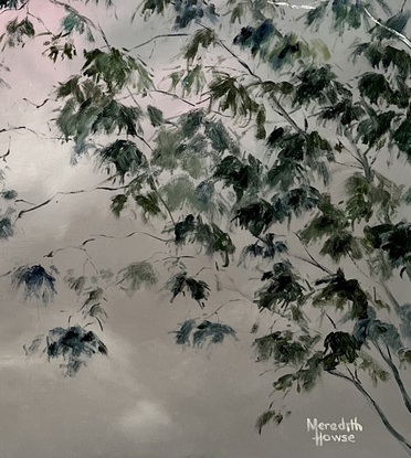 Night artwork of Gum  tree with lightening  lighting up the sky behind.
Silhouette of trees.
Framed.