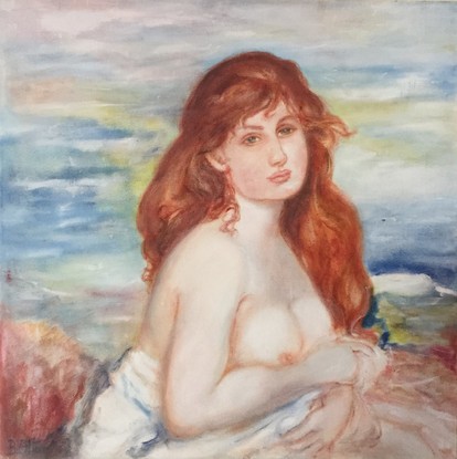 A young woman with long red hair and bare breasts sitting wrapped in a robe. 