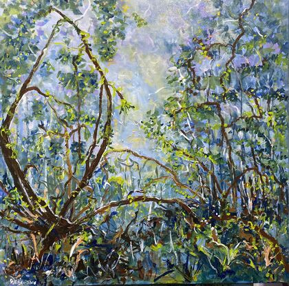 There is a music to this scene of the bush so that you can hear the soft swaying of the blue gums, insect sounds and bird calls in this little piece of the Australian bush. I love the Hinterland with its semi rain forests and creeks and this painting is reminiscent of those beautiful times spent on bush walks.  this particular tree called out to me to paint it and to me its unique and unusual twists reflect the character of the bush which I think assumes its own identity. Through the painting process, it became an old friend and i hope someone else can feel this in viewing the painting.