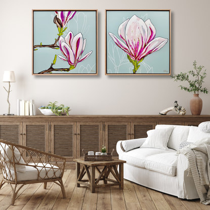 beautiful diptych textured  magnolias oversize flowers