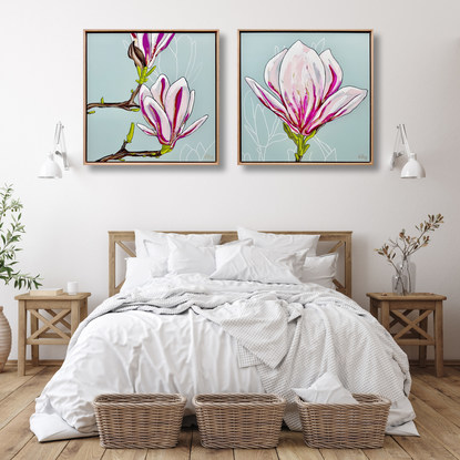 beautiful diptych textured  magnolias oversize flowers