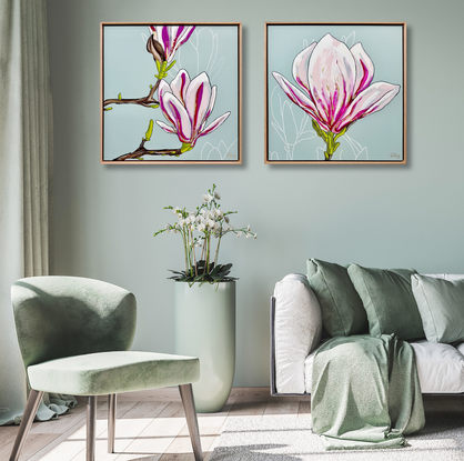 beautiful diptych textured  magnolias oversize flowers