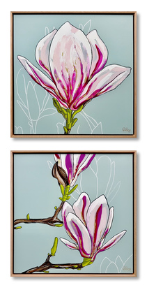 beautiful diptych textured  magnolias oversize flowers