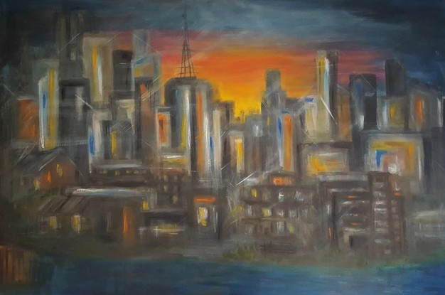 Impression of a cityscape at dusk with a sunset in the background. 