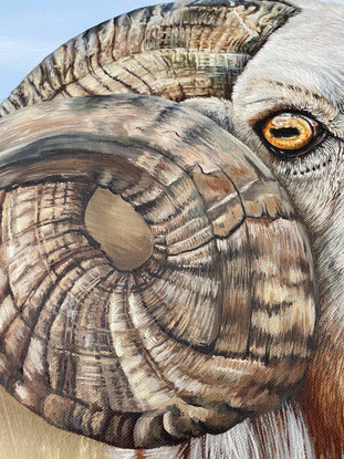 An oil painting depicting a brown and white ram sheep with impressive horns, standing proud among mountains and dry Australian farmland grass.