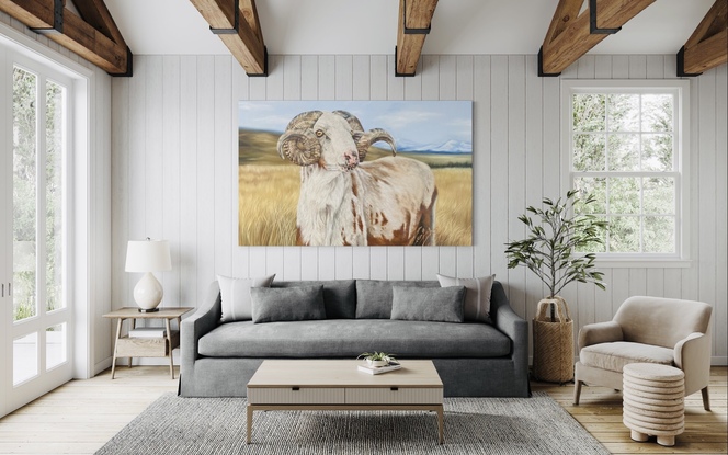 An oil painting depicting a brown and white ram sheep with impressive horns, standing proud among mountains and dry Australian farmland grass.