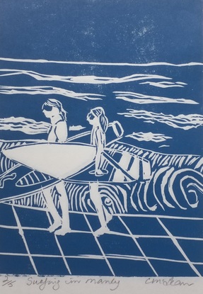 A couple of surfers carrying their boards along Manly beach concourse. Done as a linocut and printed in dark blue ink. The essence of Australian summer and the feel of the cool sea.