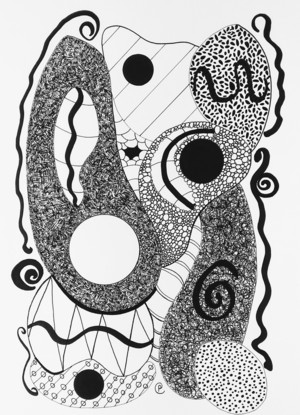 My abstract drawing consists of various shapes, lines and squiggles that create a beautiful rhythm and dance.  
A few ink brush marks move inbetween and around the shapes, creating a unique flow.   
There's black and white circles that also give extra depth to the abstraction.